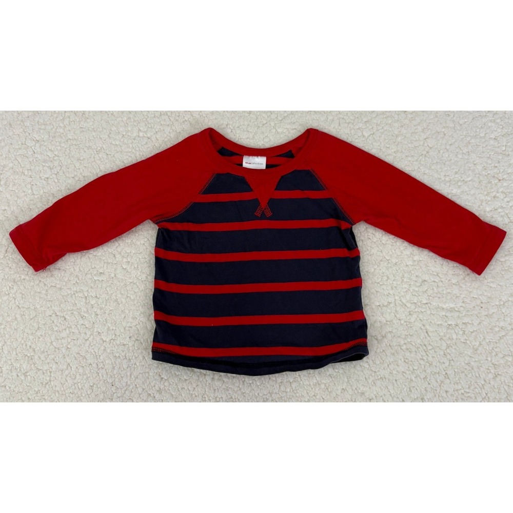 Hanna Andersson Kids Red Navy Striped Raglan Long Sleeve Cotton Tee 70 6-12M